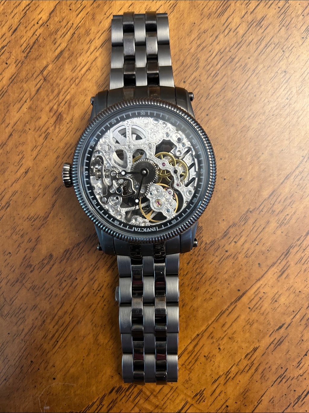 Invicta Gunmetal Skeleton Mechanical Watch With Exposed Gears